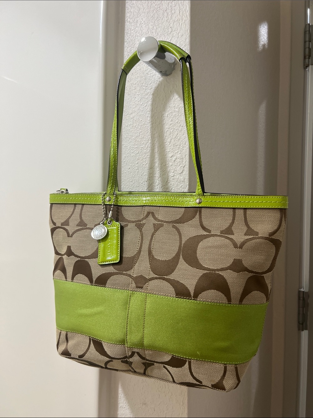 Coach F13548 Signature Stripe Tote in Khaki and Apple Green